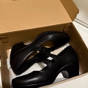 Clarks Black Leather Heels with Strap Details